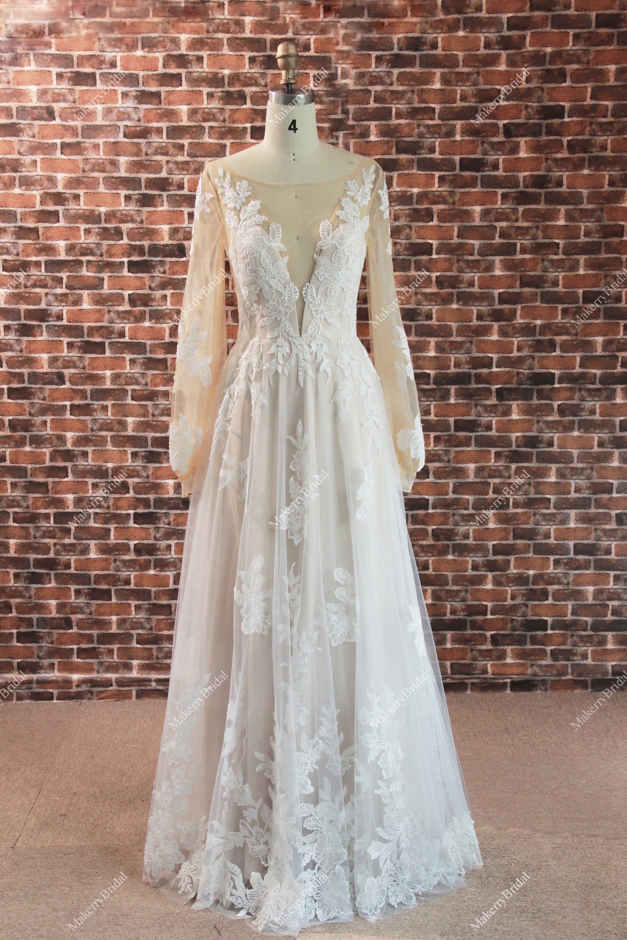 Lauren | Elegant A Line/Princess Square Neck Lace and Tulle Wedding Dress with Long Train main image 1