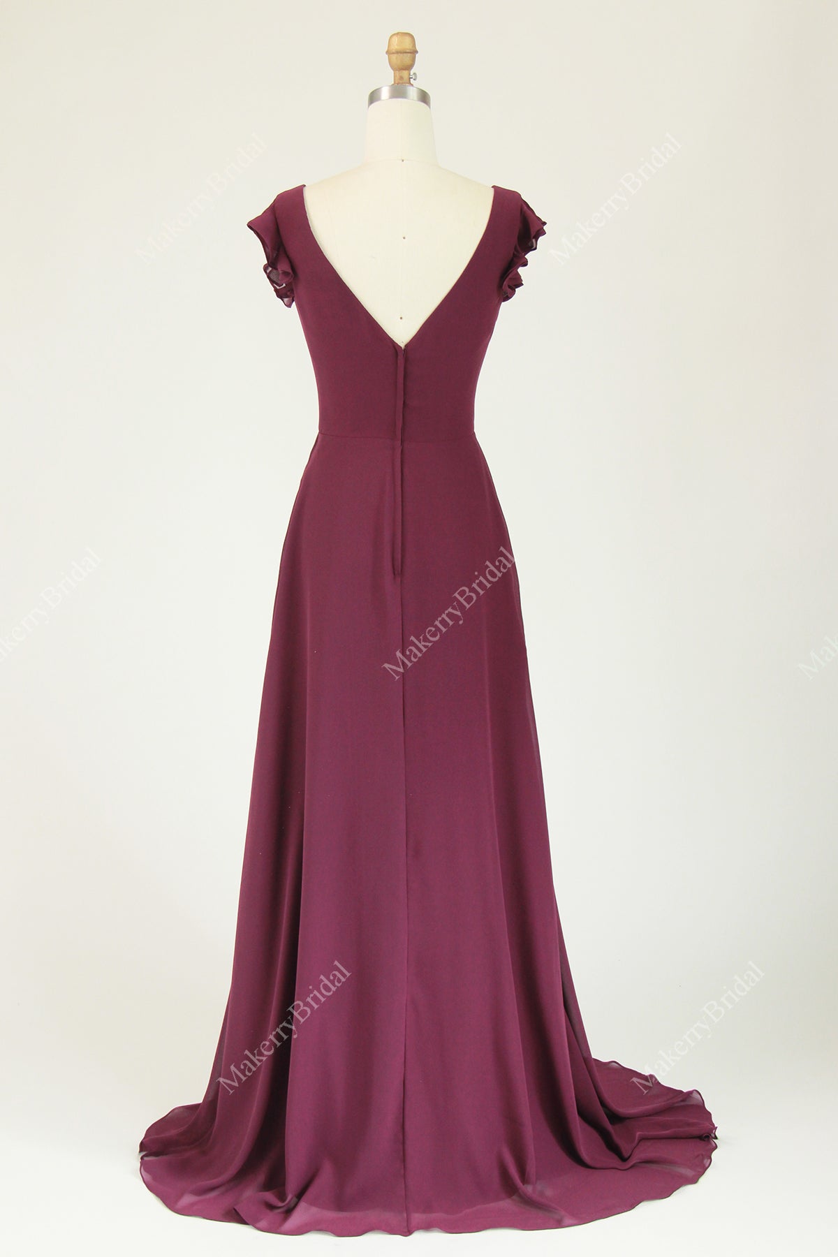 Chiffon Bridesmaid Dress Featuring Ruffled Cap Sleeves And Cascading R