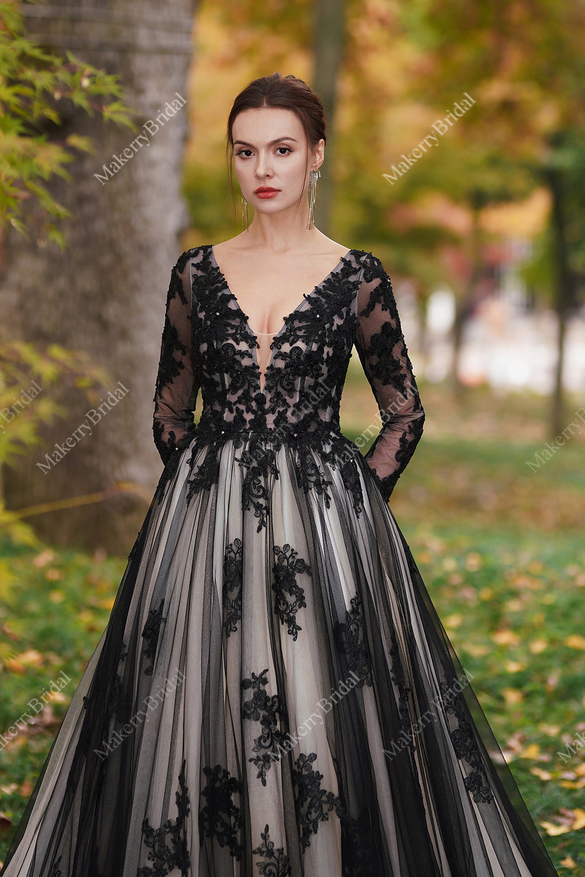Designer Black Lace Applique Evening Dresses with Removable Train