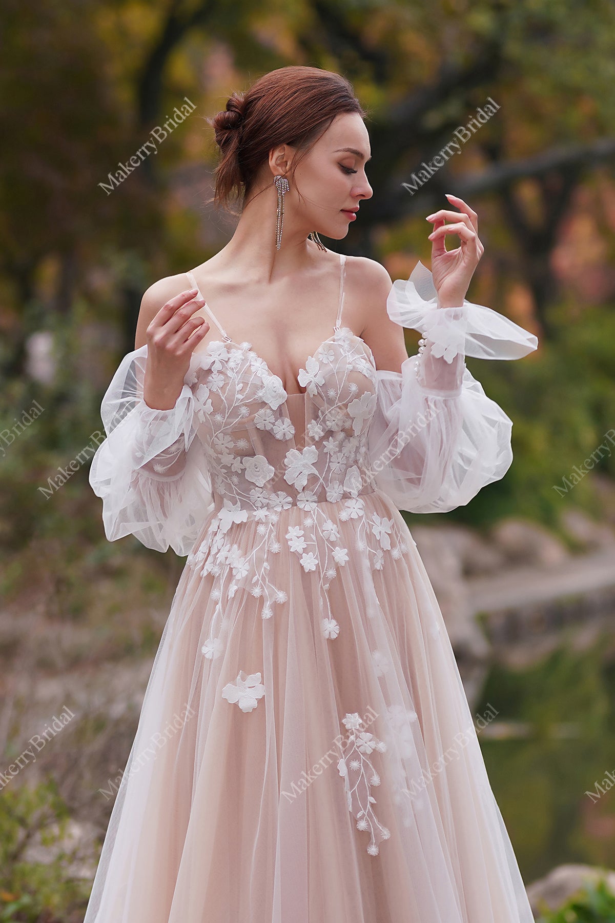 A-Line Sweetheart Neck Straps 3D Flower Appliques Lace Up Wedding Dress WW1041 main image 1