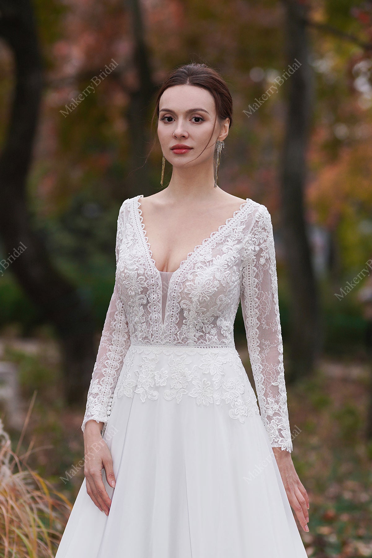 A-line V Neck Sleeveless Court Chiffon Beaded Lace Wedding Dress