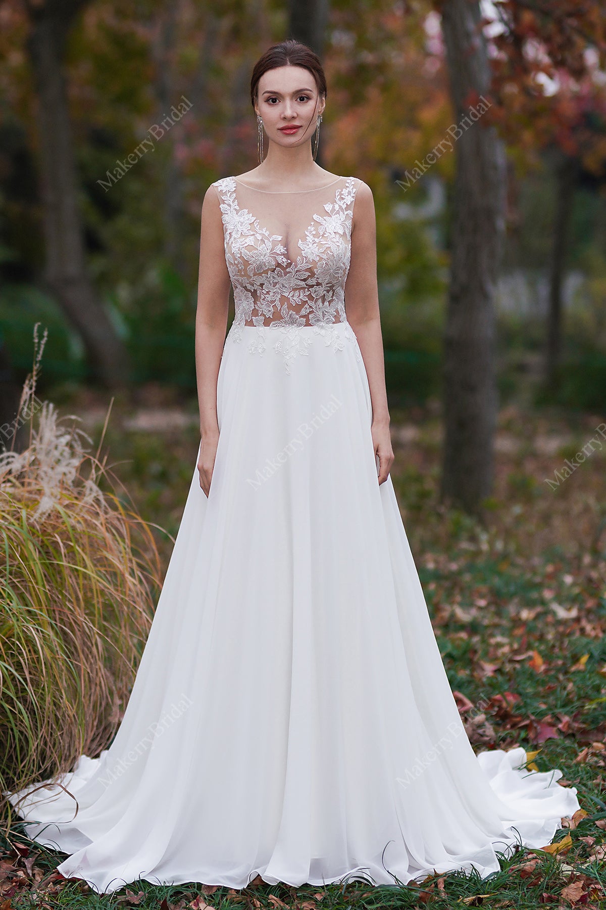 Sheer Lace Appliques Beach Wedding Dress – MakerryBridal